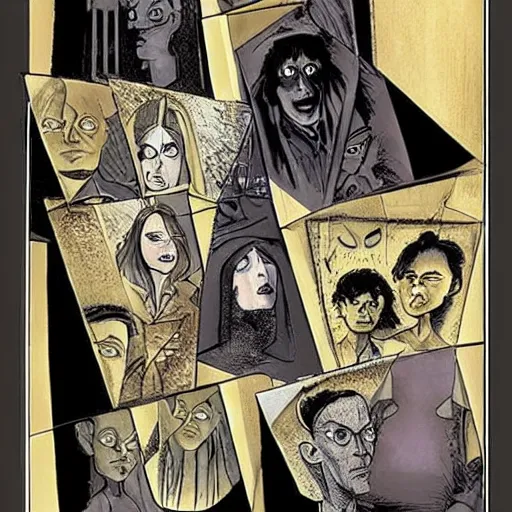 Image similar to in one frame Harry Potter with Sandman in The Sandman comic, symmetrical faces, beautiful faces, by Neil Gaiman, by Dave McKean, comics Sandman, small details, clear faces, high detail