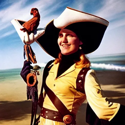 Image similar to Swashbuckling pirate holding her parrot, colorized still from the movie a trip to the moon