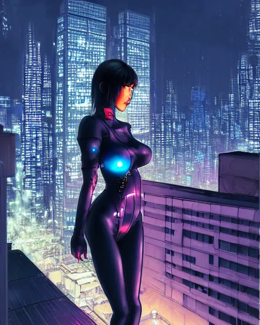 Image similar to a night rooftop scene by Liam Wong, close shot of a photorealistic beautiful half cyborg woman by Artgerm and NeoArtCorE Artgerm and NeoArtCorE Artgerm and NeoArtCorE Artgerm and NeoArtCorE on the rooftop looking at the city below, the half cyborg woman is wearing a long trench coat