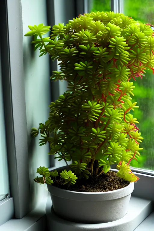 Image similar to an unknown exotic succulent shrubbery, a strange and weird potted plant is in a windowsill