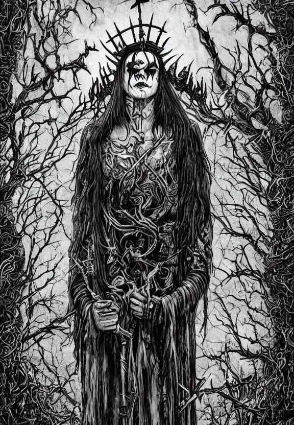 Prompt: man wearing corpse paint and a crown on thorns with long black hair, tears of blood. Wide shot at night. Detailed artwork by Junji Ito and dan Mumford