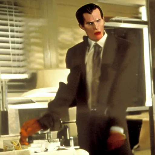 Prompt: still image from american psycho made by disney
