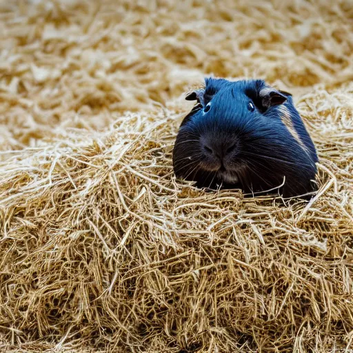 Image similar to a guinea pig wearing white wings, flying in a field of hay