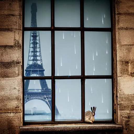 Prompt: a rabbit sits in a window, in paris, it's raining outside, there's raindrops on the window, The eiffel tower is visible out the window, it's evening