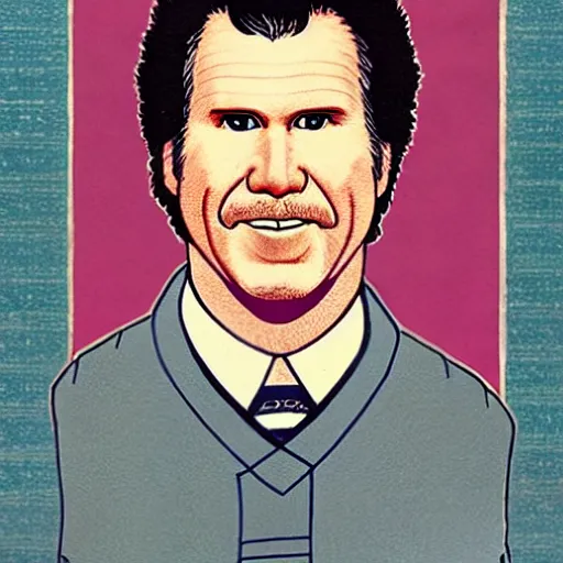 Prompt: portrait of will ferrell in the style of hokusai ukiyo - e woodblock print