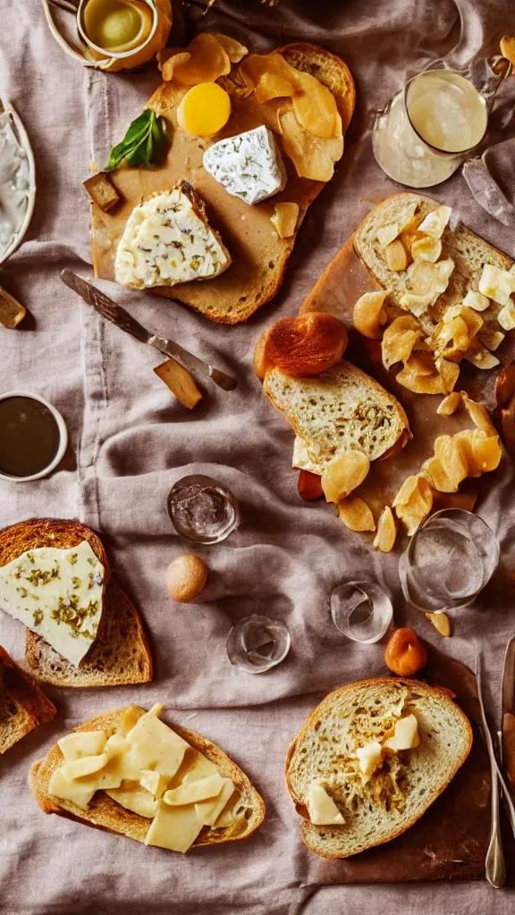 Image similar to 7 0 s food photography of an opulent spread of cheese on toast, on a velvet table cloth, soft focus