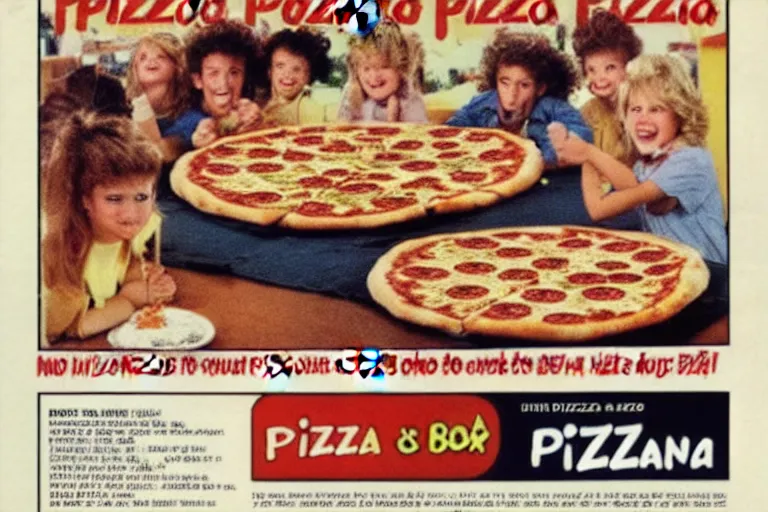 Prompt: pizza!!!!, 80s, advertisement