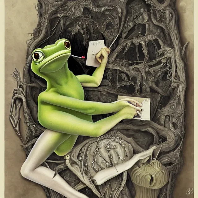 Image similar to pepe the frog artist painting a self - portrait on a canvas. intricate, highly detailed, digital matte painting in the style of alberto vargas and in the style of h. r. giger. irony, recursion, inspiration.