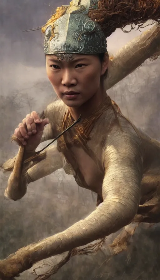 Prompt: epic masterpiece portrait crouching tiger, hidden dragon, sweaty skin, hyperrealistic, octane render, cinematic, beautiful face and flawless skin, perfect hands, 5 fingers, by Edgar Maxence and Ross Tran and Michael Whelan, Legends of Runeterra