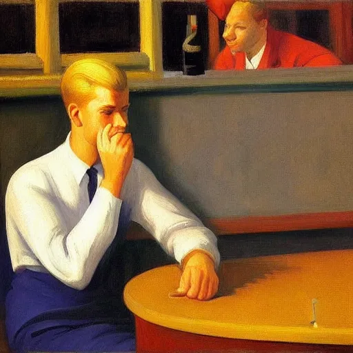 Prompt: a detailed painting, blonde man at a bar, edward hopper,