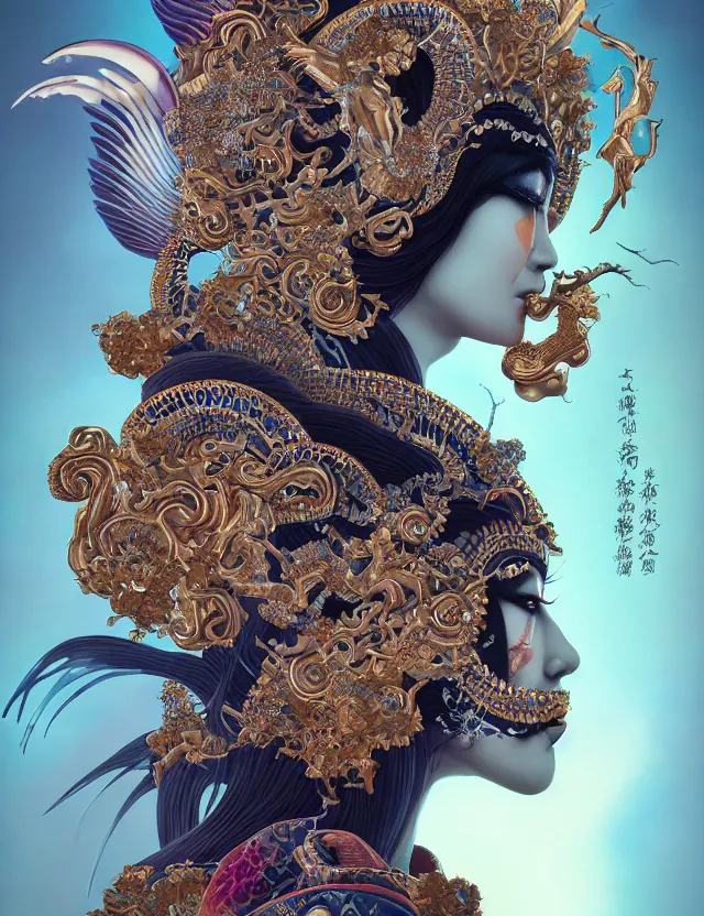 Image similar to 3 d goddess close - up profile portrait with crown, ram skull. beautiful intricately detailed japanese crow kitsune mask and clasical japanese kimono. betta fish, jellyfish phoenix, bio luminescent, plasma, ice, water, wind, creature, artwork by tooth wu and wlop and beeple and greg rutkowski