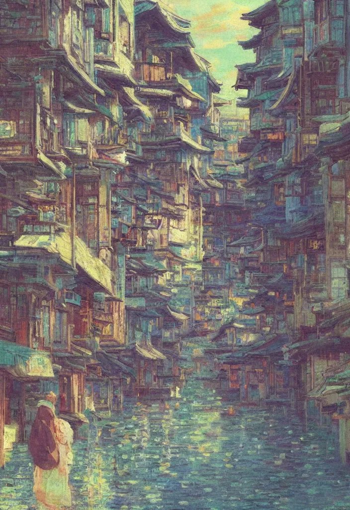 Image similar to a beautiful japanese city near the sea, amazing ryokans and gorgeous edo era houses, epic cyberpunk, lofi vibe, colorful, vivide colors, amazing light, really beautiful nature, oil painting in impressionist style, by jeremy lipkin, by claude monet, by makoto shinkai, multiple brush strokes, inspired by ghibli, masterpiece, beautiful