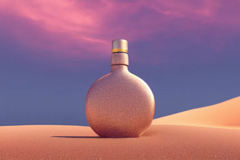 Image similar to perfume bottle buried in glittering oasis in the middle of a desert with soft skies, silky smooth, dramatic, mid day, sand dune background, large scale, wind - swept, lots of detail, realistic lighting, octane render, by wlop, artgerm, trending on artstation