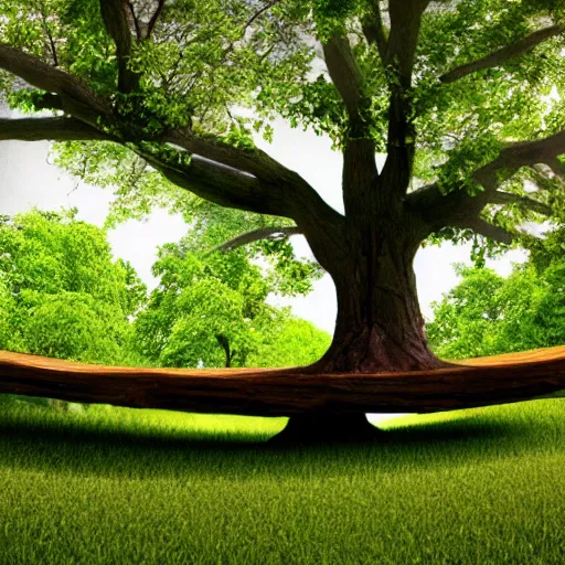 Image similar to wooden platform built around a tree, realistic, photo,