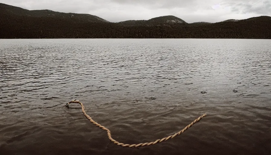 Image similar to rope floating to surface of water in the middle of the lake, overcast lake, rocky foreground, 2 4 mm leica anamorphic lens, moody scene, stunning composition, hyper detailed, color kodak film stock