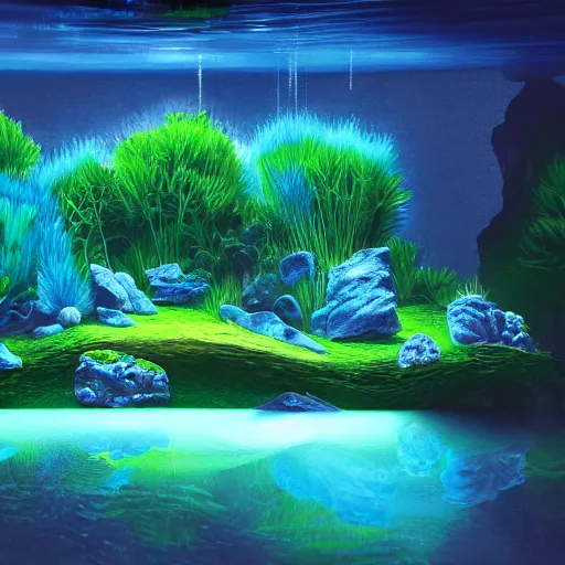 Image similar to landscape art of an infinite aquarium with bioluminescent digital life, liminal space, digital art trending on Artstation