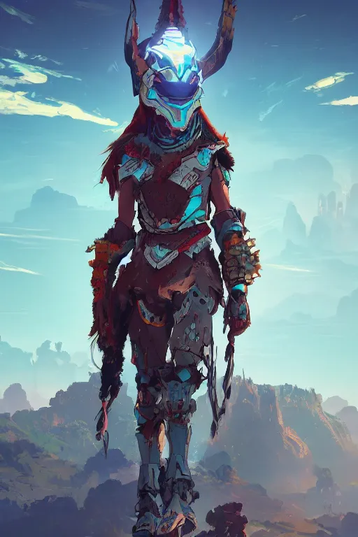 Image similar to combination suit armor aloy horizon forbidden west horizon zero dawn radiating a glowing aura global illumination ray tracing hdr fanart arstation by ian pesty and alena aenami artworks in 4 k tribal robot ninja mask helmet backpack