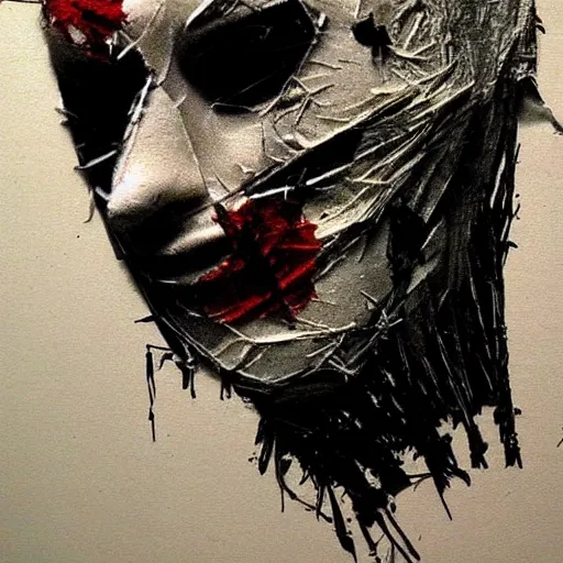 Image similar to face shredded like paper masks, horror, surreal, drawing, painting