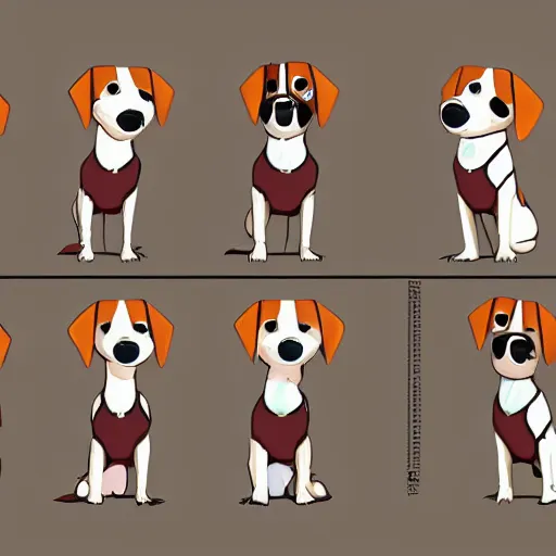 Image similar to cute jack russel terrier, concept art, character sheet, character design, by cory loftis