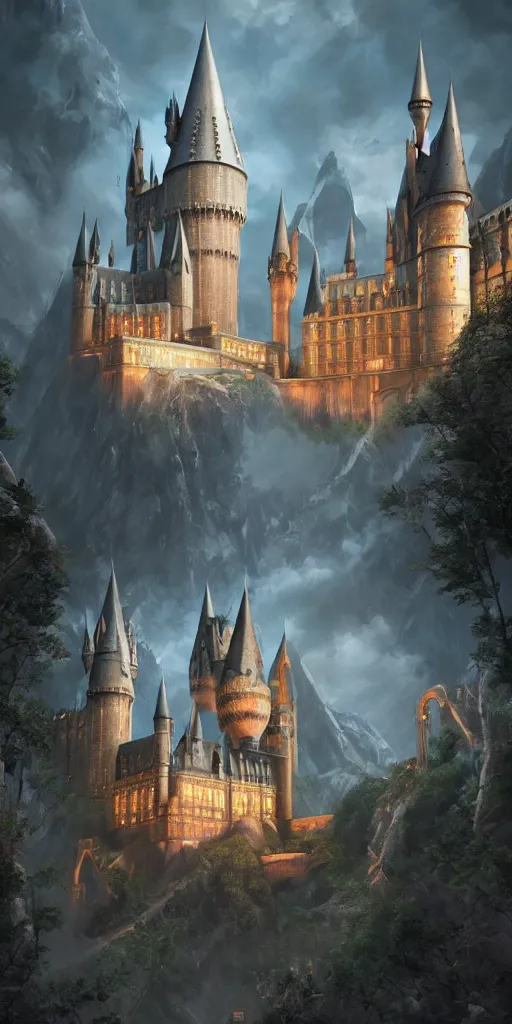 Image similar to mysterious painting of Hogwarts, immaculate scale, hyper-realistic, Unreal Engine, Octane Render, digital art, trending on Artstation, 16k, detailed, atmospheric, immaculate