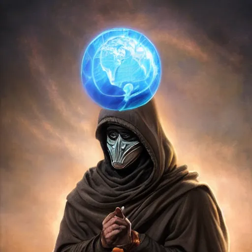 Image similar to masked nomad male wearing a cloak on an alien world and holding a holographic planet projection in his hand, detailed, sci - fi, digital painting, artstation, sharp focus, illustration, ominous, artgerm, tomasz alen kopera, peter mohrbacher, donato giancola, joseph christian leyendecker, wlop, frank frazetta