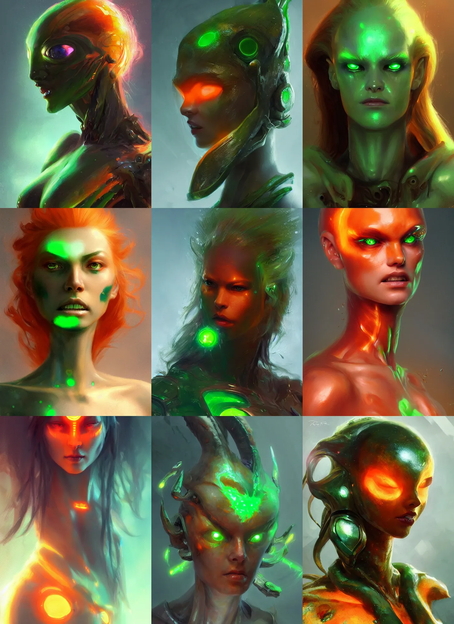 Prompt: beautiful female alien with glowing green eyes, orange skin and long fiery hair, concept art by Ruan Jia, highly detailed, ultra detailed, ultra realistic, trending on artstation