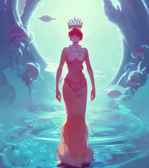 Image similar to portrait of a beautiful queen of the ocean with coral jewelry in complex and shiny dress made by jellyfish, by ross tran and atey ghailan, by greg rutkowski, by greg tocchini, by james gilleard, by joe fenton, by kaethe butcher, dynamic lighting, grunge aesthetic