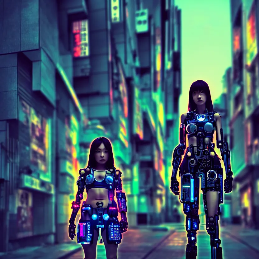 Image similar to a photo close up cyberpunk cyborg girl stands in a cyberpunk hiroshima, prefecture streets, sunset, photorealistic, cinematic lighting, very detailed, style by tomino - sama