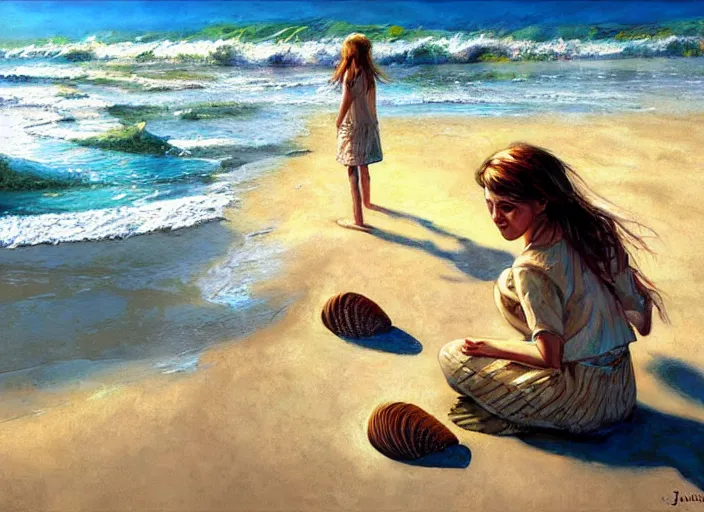 Image similar to she sells sea shells by the sea shore; painting by Jon foster.