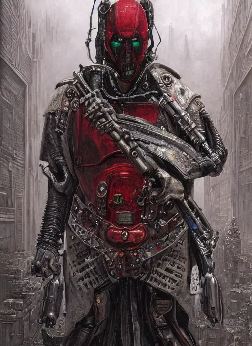 Image similar to portrait of rotten Nicolas Cage as adeptus mechanicus in red hood and robe from Warhammer 40000. Highly detailed, artstation, illustration by and John Blanche and zdislav beksinski and wayne barlowe