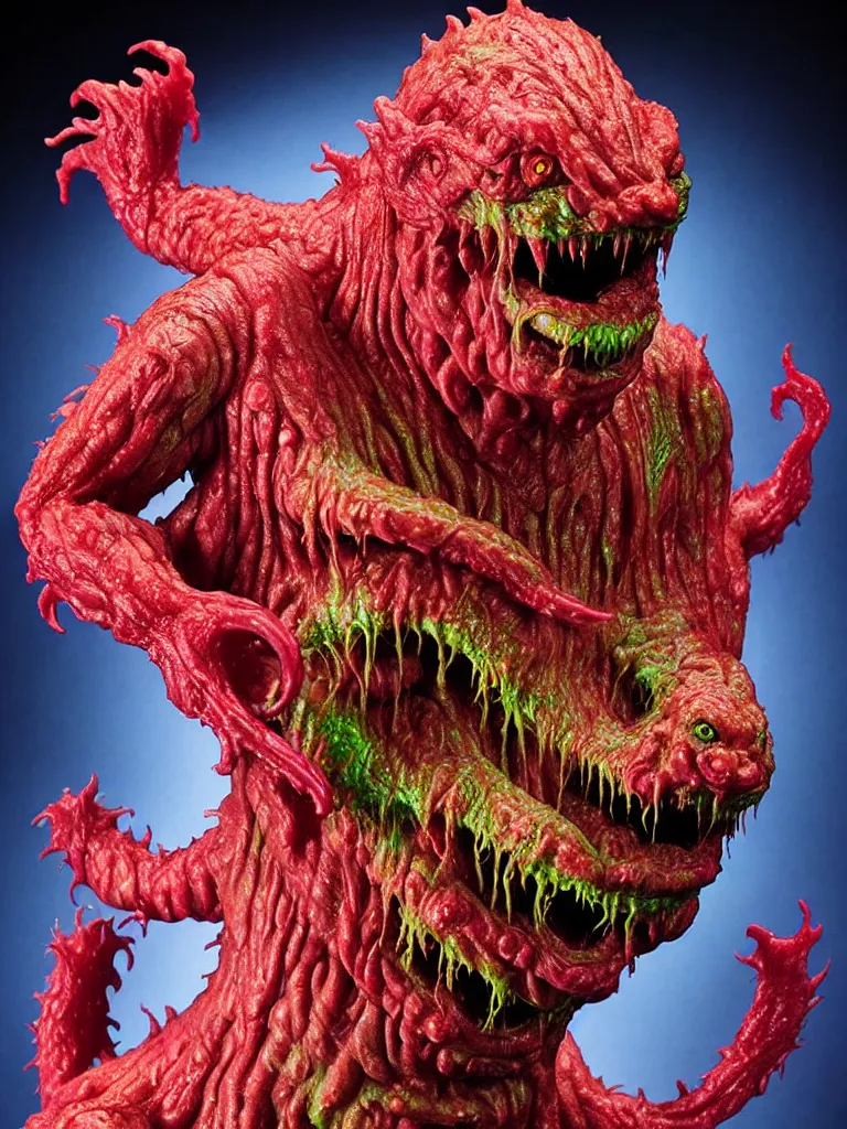 Image similar to hyperrealistic rendering, fat smooth wet cronenberg flesh monster smooth kaiju by art of skinner and richard corben and jeff easley, product photography, action figure, sofubi, studio lighting, colored gels