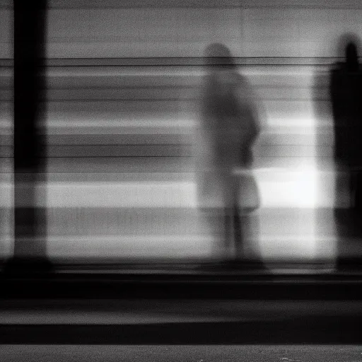 Image similar to an urban photograph of two shadowy figures, long exposure, 35mm, black-and-white