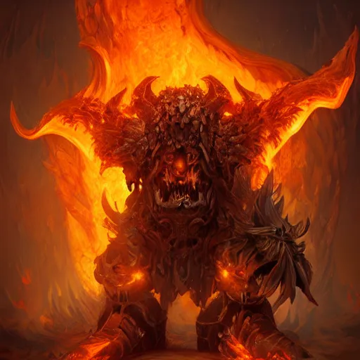 Prompt: ragnaros the fire lord, au naturel, hyper detailed, digital art, trending in artstation, cinematic lighting, studio quality, smooth render, unreal engine 5 rendered, octane rendered, art style by klimt and nixeu and ian sprigger and wlop and krenz cushart