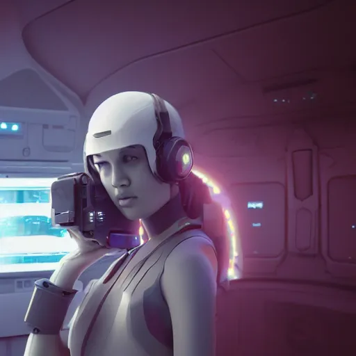 Image similar to girl in the sci - fi heavy suite with monitor in hands, deep space, landing gear, by fausto de martini, cinematic light, illustratuon, featured on artstation, octane render,, sharp focus, 4 k. - w 1 0 2 4