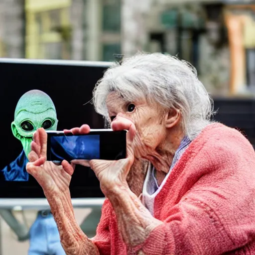 Image similar to taking a photo of an old woman with the screen showing scary realistic aliens, background showing old lady