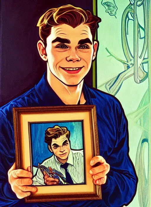 Prompt: oil portrait of archie andrews holding a picture of among us, intricate, elegant, highly detailed, lighting, painting, artstation, smooth, illustration, art by greg rutowski and alphonse mucha