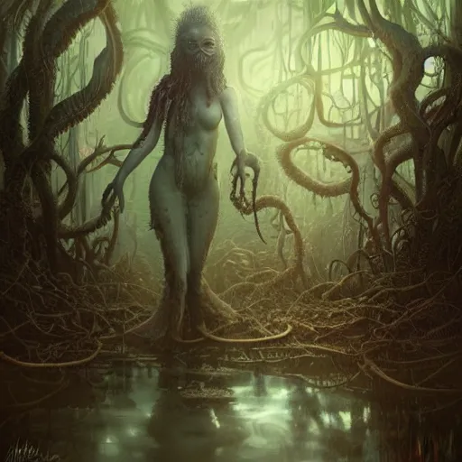 Prompt: happy lovecraftian swamp monster walking through swamp with tentacles by tom bagshaw and krenz cushart