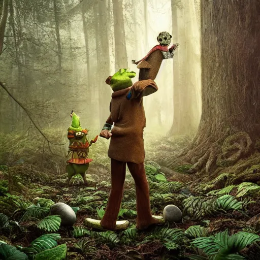 Image similar to Very very very very highly detailed epic central composition photo of Mr Bean as shrek face in the forest, intricate, extremely detailed, digital painting, smooth, sharp focus, illustration, happy lighting, incredible art by Brooke Shaden, artstation, concept art, Octane render in Maya and Houdini