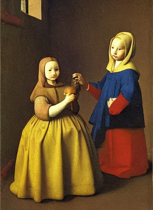 Prompt: children toys, medieval painting by jan van eyck, johannes vermeer, florence