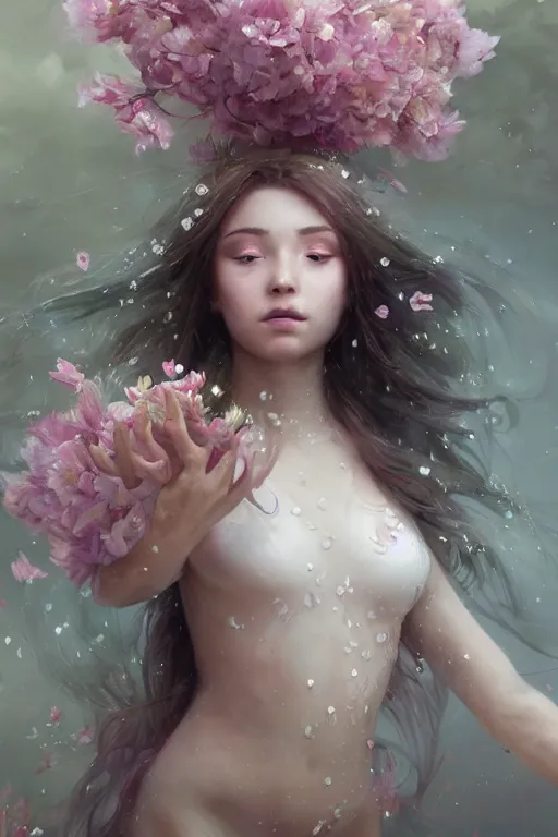 Image similar to face closeup a young beautiful girl drowned in water exploding into flowers, wearing crystal white feathers, 3 d render, hyper realistic detailed portrait, holding magic flowers, ruan jia, wlop. scifi, fantasy, hyper detailed, octane render, concept art, by peter mohrbacher, by wlop, by ruan jia