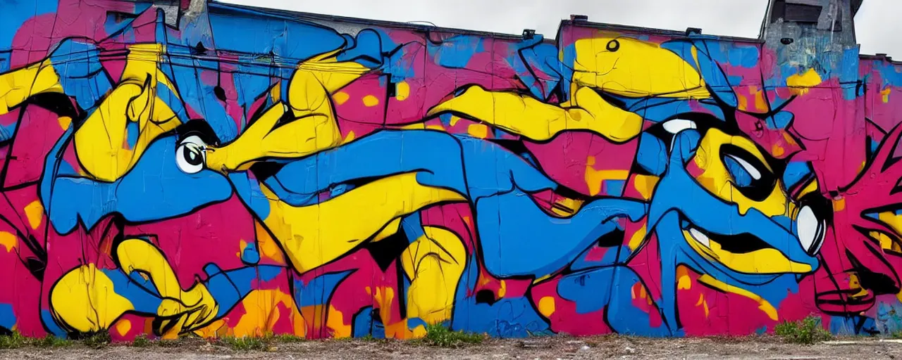 Image similar to a mural by daim, os gemeos, loomit, blu and sat one, street art style, graffiti, hyperdetailed