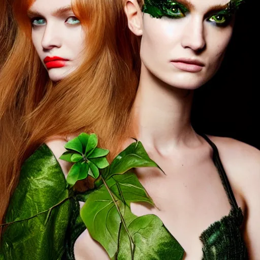 Image similar to A beautiful portrait of Daria Strokous as Poison Ivy from Batman and a model at Maybelline fashion show as a model Spring/Summer 2018, highly detailed, in the style of cinematic, Milan fashion week backstage, Extreme close up, Makeup by Pat McGrath, Hair by Guido Palau, Greg rutkowski