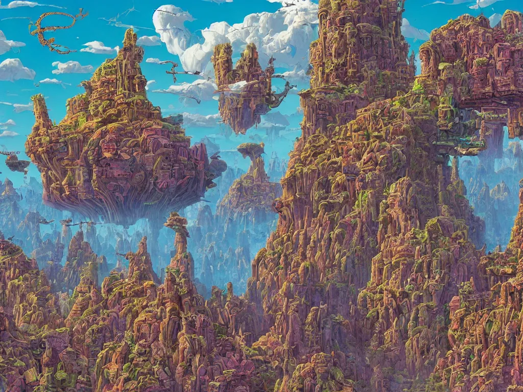 Image similar to epic temple with spires and carvings, stone canyon, flying creatures, colorful clouds, alien world, by Geof Darrow and Roger Dean, science fiction, trending on artstation, detailed, hyper-detailed