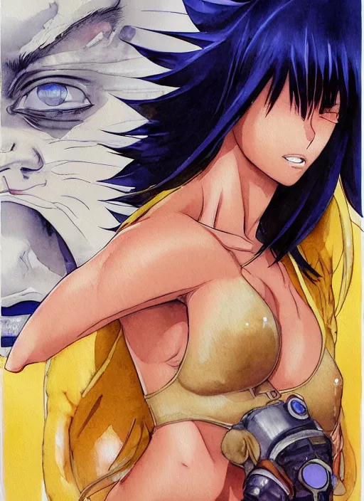 Image similar to Frontal portrait of a very beautiful muscular anime girl with tanned skin and cream colored hair wearing a yellow raincoat, watercolor, digital painting, art by Kenichi Sonoda ((Moebius)) Makoto Shinkai ((Shirow Masamune)) and Katsuhiro Otomo, very detailed, sharp focus, cyberpunk, high quality, color manga panel, hard shadows