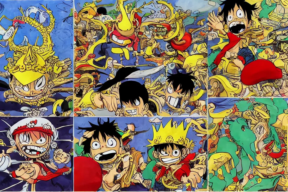 Image similar to concept sketches of luffy wearing a gold crown riding a large dragon by jamie hewlett, in the style of megaman