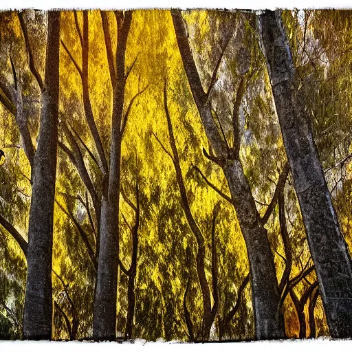 Prompt: double exposure photograph of three eucalyptus trees, flash exposure, autumn, in the style of edward steichen and matisse,