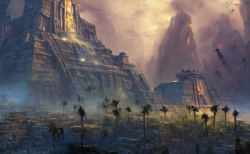 Prompt: The ancient Mayan city encounters invasion from futuristic aliens by Tyler Edlin, explorers, giant gold full body statue of Superman, inspired by Stephan Martiniere and Greg Rutkowski, fantasy, digital art, professional illustration, realistic, ultra detailed, atmospheric, cinematic lighting, movie concept art, hyper detailed, insanely detailed, corona render, octane render, colorful redshift render, 8k