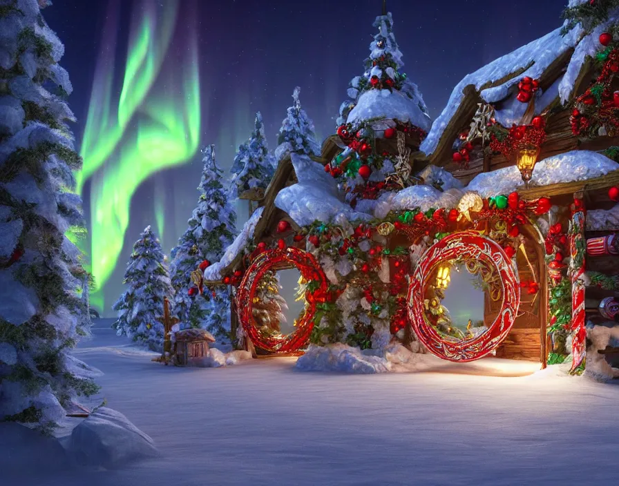 Image similar to a very detailed concept art of intricate and well designed jingle bell gates to santa's northpole, infused with aurora borealis, dynamic lighting, trending on artstation, path traced, highly detailed, high quality, digital painting, digital art, 4 k, hyper realistic, octane render, sharp focus