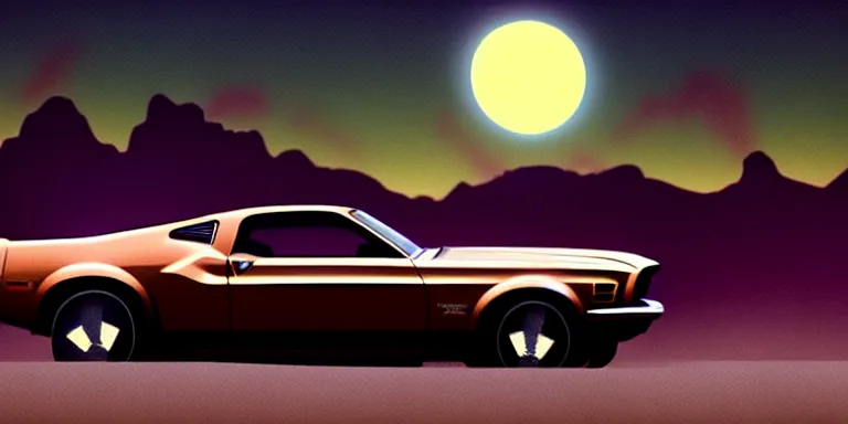 Image similar to a cinematic keyframe matte painting of a sleek 1 9 7 0 s vaporwave concept retro - futurism sci - fi ford mustang fast back knight rider blacked out car in an open garage in the american southwest, view from the street. in the moonlight. cactus. by eric lafforgue, glennray tutor and edward hopper, greg rutkowski. trending on artstation.