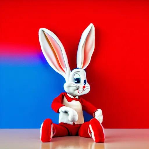 Image similar to photo of a bugs bunny toy sitting infront of a red wall with blue stripes ultra realistic, lens flare, atmosphere, glow, detailed, intricate, full of colour, cinematic lighting, trending on artstation, 4 k, hyperrealistic, focused, extreme details, unreal engine 5, cinematic, masterpiece, ultra realistic, hyper realistic, highly detailed, sharp focus, digital art